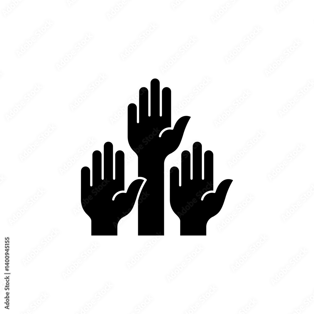 Vector illustration of three hands raised in the air. Represents concepts such as volunteering, voting, participation, support, or collaboration Vector illustration of three hands raised in the air. Represents concepts such as volunteering, voting, participation, support, or collaboration