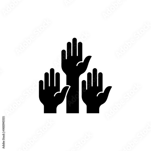 Vector illustration of three hands raised in the air. Represents concepts such as volunteering, voting, participation, support, or collaboration