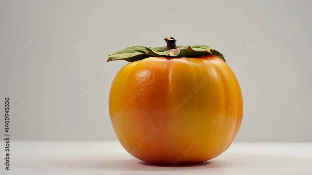 Studio shot of a ripe persimmon fruit with vibrant orange and yellow hues displayed against a clean, neutral background.