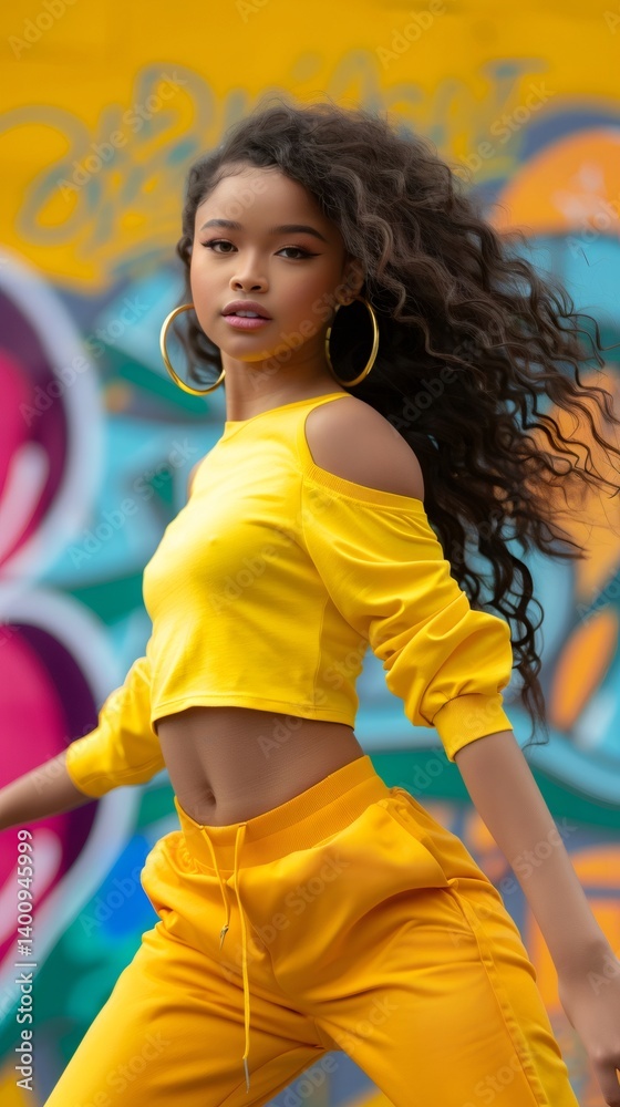 Female dancer performing dynamic pose, yellow costume highlighting street art backdrop