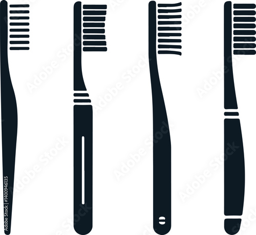 Black Silhouette Illustration of Different Toothbrushes for Hygiene, Dental Care, and Personal Care Design Elements