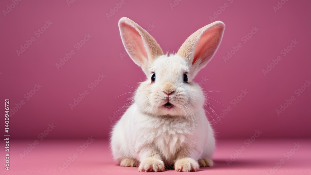 Obraz premium A white rabbit with large ears and wide, expressive eyes is pictured against a pink background.