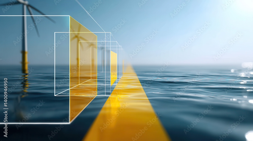 Offshore wind turbines and solar energy concept with futuristic design over calm ocean water