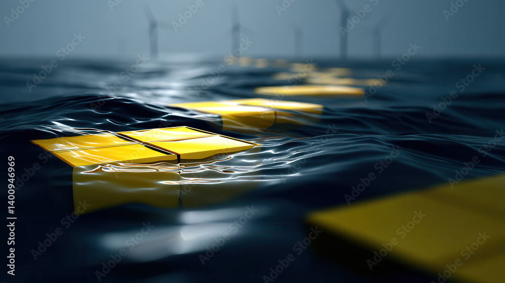 Floating solar panels and offshore wind turbines in hybrid renewable energy system, showcasing innovation and sustainability