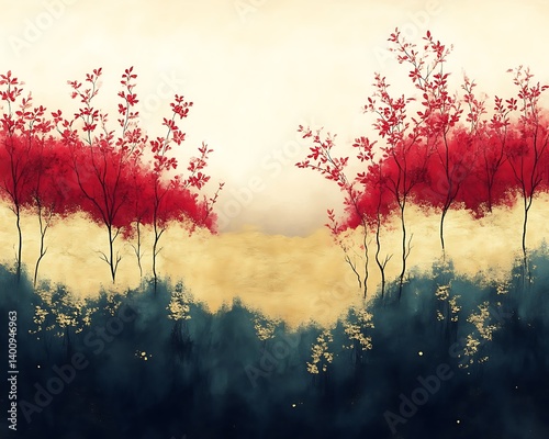 Red trees, gold valley, dark blue foliage.