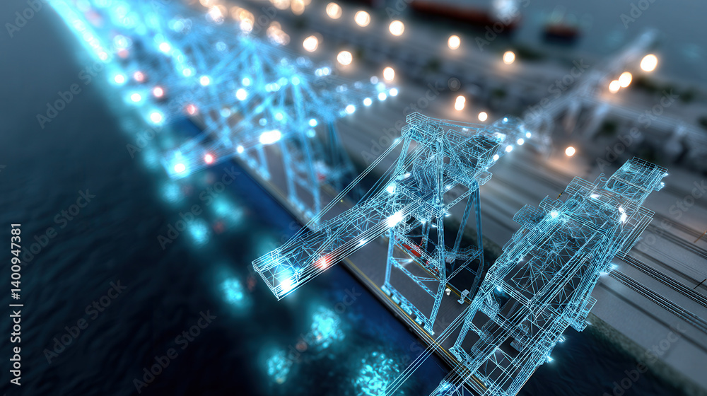 futuristic visualization of oil export terminal with illuminated cranes and docks, showcasing advanced technology