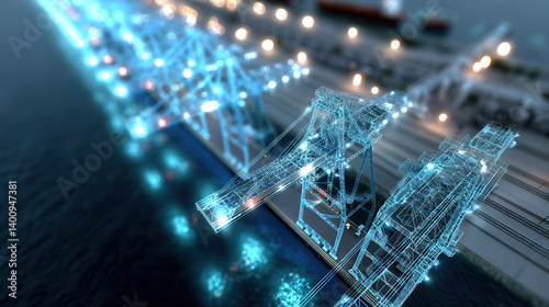 Obraz na płótnie futuristic visualization of oil export terminal with illuminated cranes and docks, showcasing advanced technology w salonie
