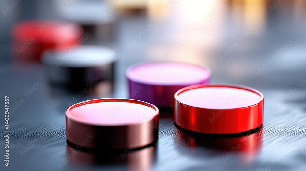 Colorful round containers with glossy lids on reflective surface, creating modern and vibrant aesthetic