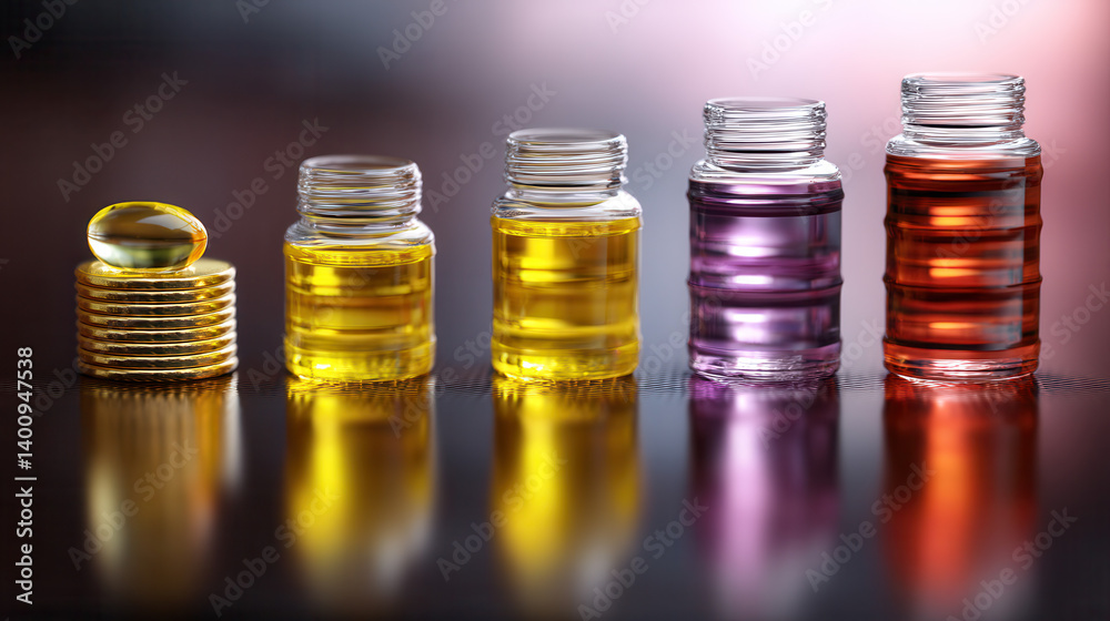 Colorful glass bottles filled with various oils, arranged in gradient, reflecting light beautifully