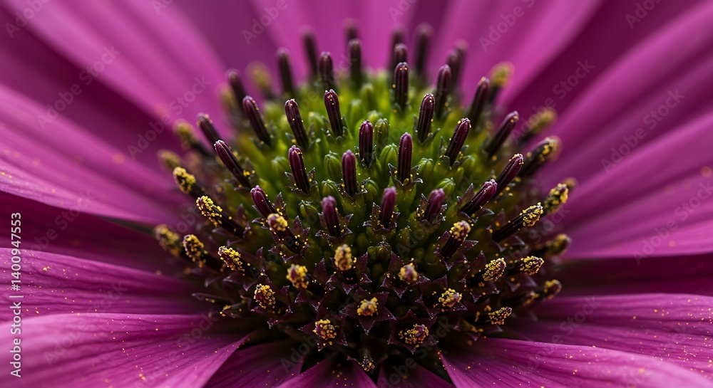Obraz premium Close-up of a vibrant purple daisy with a dark green center, showcasing intricate textures and golden pollen details.
