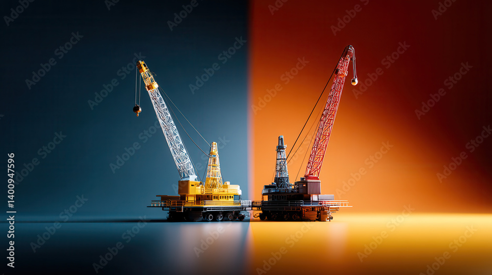 Two industrial cranes face each other, one yellow and one red, symbolizing energy industry diversification