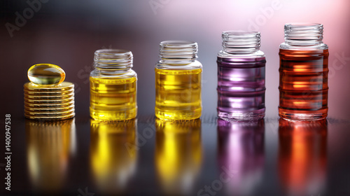 Obraz na płótnie Colorful glass bottles filled with various oils, arranged in gradient, reflecting light beautifully w salonie