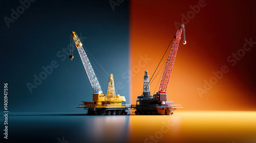 Obraz na płótnie Two industrial cranes face each other, one yellow and one red, symbolizing energy industry diversification w salonie