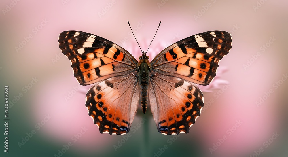 A vibrant butterfly with wings spread, showcasing a beautiful pattern of orange, black, and white spots. It rests gracefully on a pink flower. A vibrant butterfly with wings spread, showcasing a beautiful pattern of orange, black, and white spots. It rests gracefully on a pink flower.