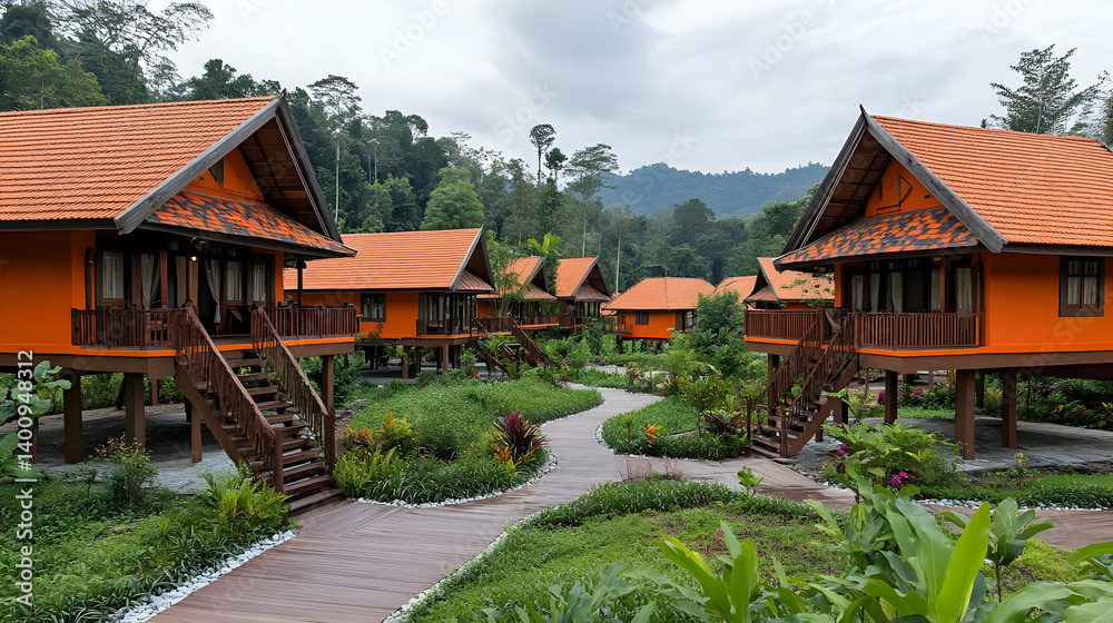 Tropical Resort Featuring Orange Stilt Houses with Tiled Roofs Surrounded by Lush Green Foliage and Winding Pathways Under a Cloudy Sky Tropical Resort Featuring Orange Stilt Houses with Tiled Roofs Surrounded by Lush Green Foliage and Winding Pathways Under a Cloudy Sky