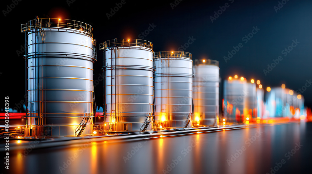 Oil storage tanks illuminated at night, showcasing industrial infrastructure and energy investment potential