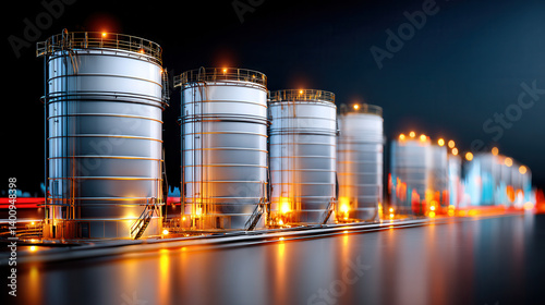 Obraz na płótnie Oil storage tanks illuminated at night, showcasing industrial infrastructure and energy investment potential w salonie