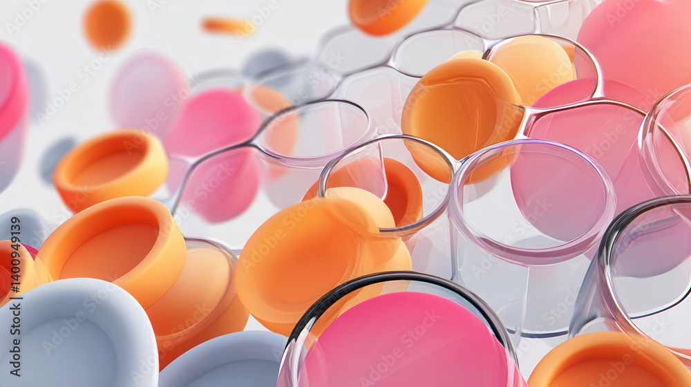 Abstract 3D rendering of colorful circular shapes and transparent cylinders, creating modern and dynamic composition