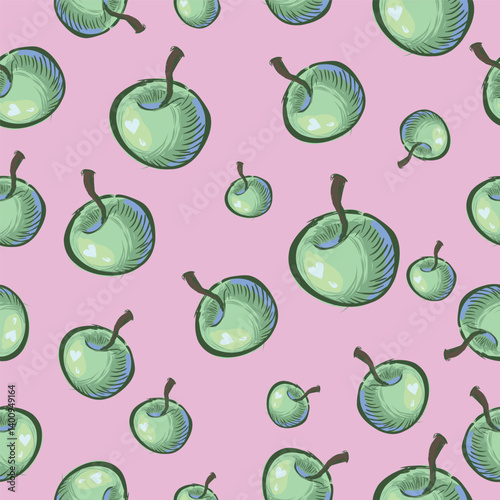 green apple, pattern. on a pink background. for design of printed materials. vector, hand drawn illustration