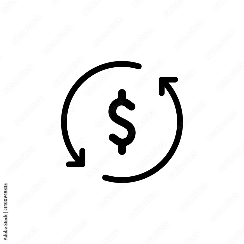 Vector icon depicting money exchange or currency conversion loop. dollar sign with circular arrow, representing the continuous flow and exchange of money Vector icon depicting money exchange or currency conversion loop. dollar sign with circular arrow, representing the continuous flow and exchange of money