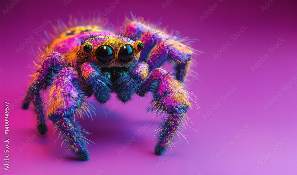 A jumping spider on a colorful background
