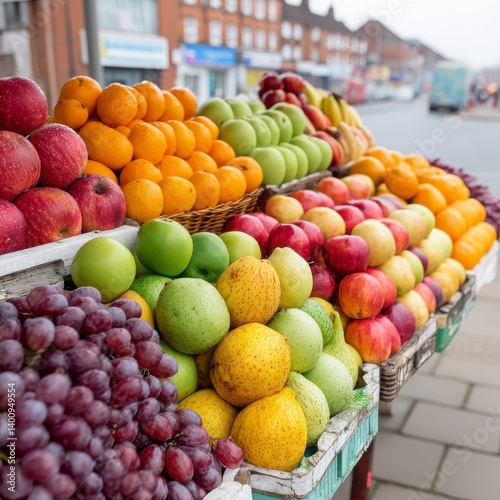 Fresh Fruit Market Display with Colorful Assortment of Apples and Oranges