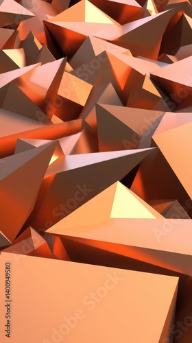 Abstract 3D Geometric Background of Metallic Orange Triangular Mountains with Layered Dimension and Dynamic Depth