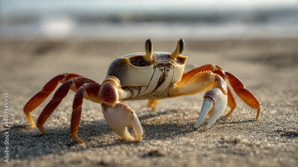 Crab on a sandy beach, captured with sunlight casting a warm glow. Crab on a sandy beach, captured with sunlight casting a warm glow.