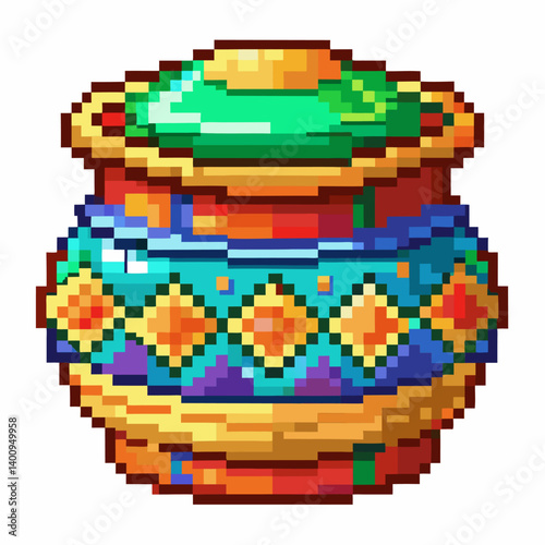 Colorful Pixel Art Pot with Vibrant Geometric Patterns in Retro Style