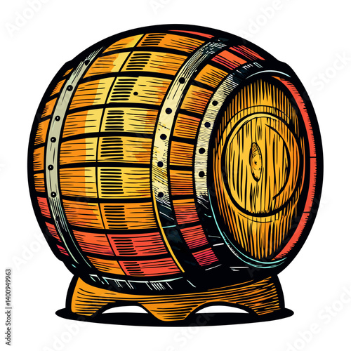 Vintage Wooden Barrel Illustration with Colorful Retro Design