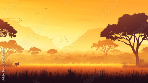 wide savannah landscape at golden hour, silhouettes of acacia trees and distant wildlife