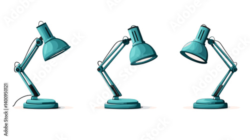 Teal Metal Desk Lamps in Three Positions on White Background
