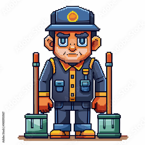 Pixel Art Janitor Character with Cleaning Tools in Uniform  Illustration