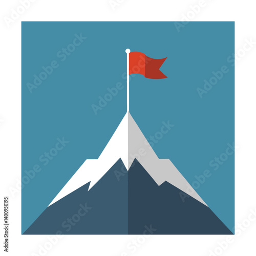 A red flag atop a snowy mountain peak symbolizing success.