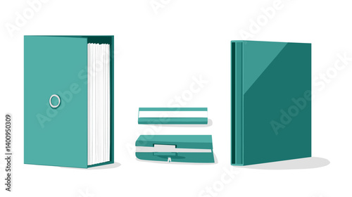 Teal Notebook Mockup: Flat Lay of a Closed and Open Book with White Background