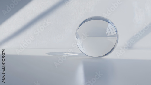 A transparent glass sphere floating above a pure white background