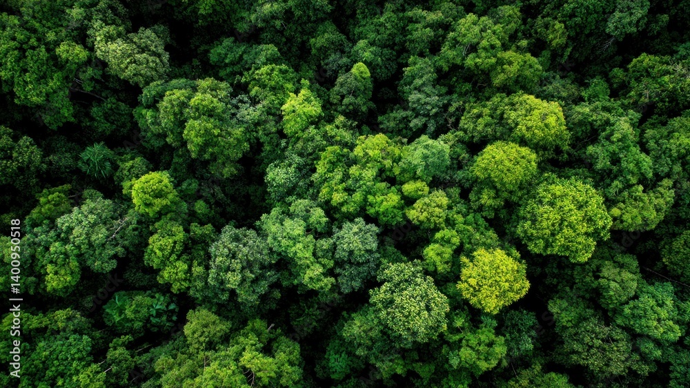 Aerial view of a lush, green forest canopy showing vibrant treetop foliage. Aerial view of a lush, green forest canopy showing vibrant treetop foliage.