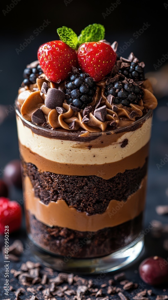 Delicious chocolate dessert layered with cream, berries, and chocolate shavings served in a glass Delicious chocolate dessert layered with cream, berries, and chocolate shavings served in a glass