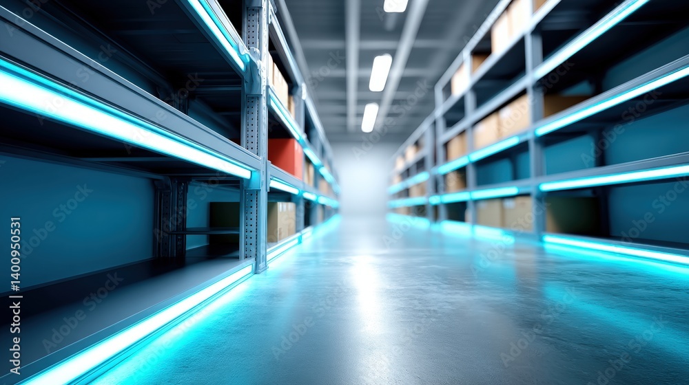 Obraz premium A modern warehouse aisle illuminated by cool blue lights, featuring metal shelves with various boxes, creating a spacious and organized environment.