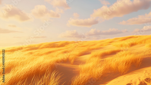 Golden sand dunes. Vast and peaceful desert atmosphere