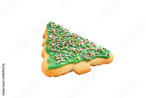 Festive Christmas tree-shaped cookie with green icing and colorful sprinkles photo