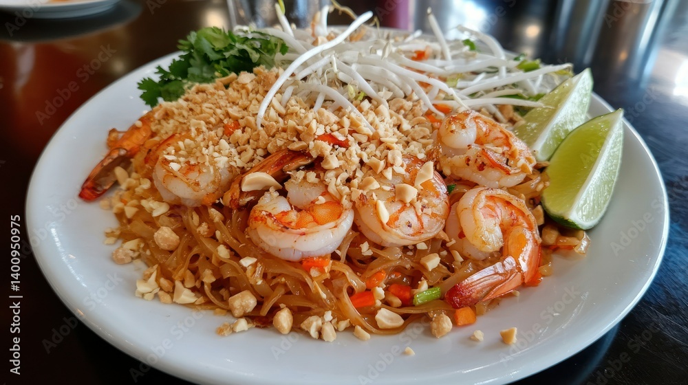 A plate of crispy Pad Thai with shrimp, garnished with crushed peanuts, lime wedges, and fresh bean sprouts A plate of crispy Pad Thai with shrimp, garnished with crushed peanuts, lime wedges, and fresh bean sprouts