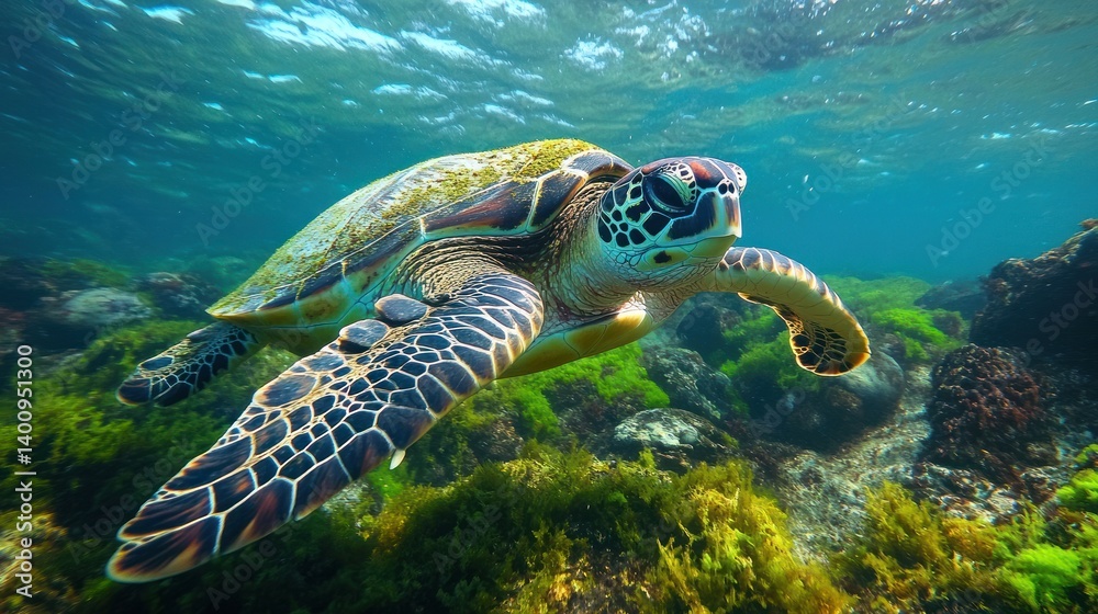 Obraz premium Majestic sea turtle gracefully swims through vibrant coral reef