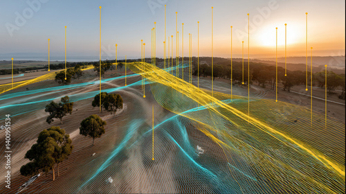 scenic landscape with wind flow visualization lines and data points, symbolizing wind resource assessment and renewable energy