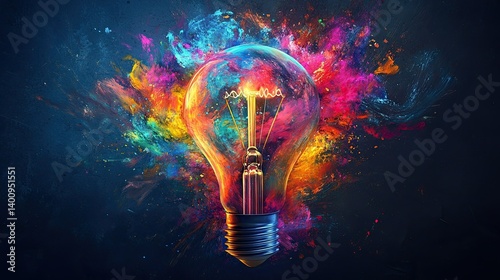 A vibrant lightbulb shape bursting with colorful swirls, set against a dark background. 