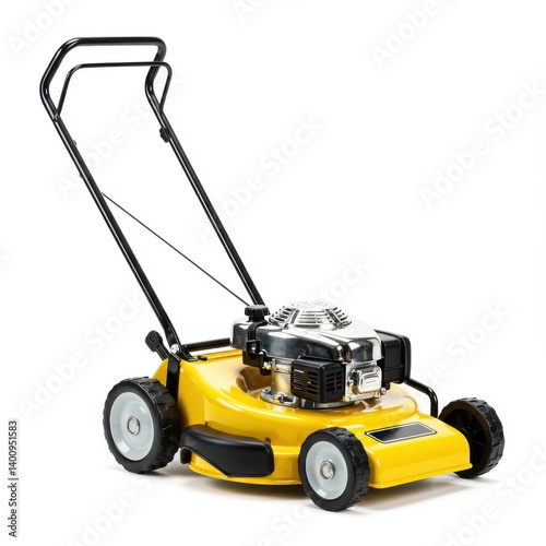 Yellow lawn mower close up shot on white background