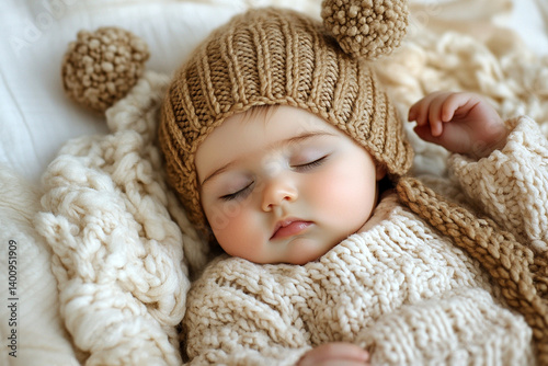 Peaceful Sleeping Newborn Baby in Green Knitted Hat with Flower in Studio Setting