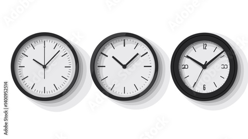 Three Black Modern Wall Clocks on White Background