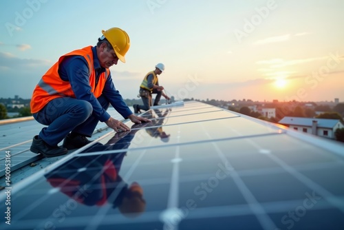 Wallpaper Mural Skilled technicians mounting photovoltaic panels on top of a factory roof, sustainable, mounting, technicians Torontodigital.ca