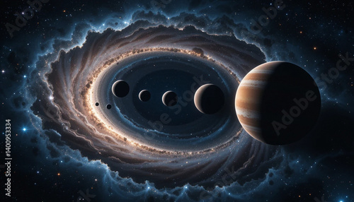 Obraz na płótnie Stunning Spiral Galaxy with Planets in Orbit w salonie